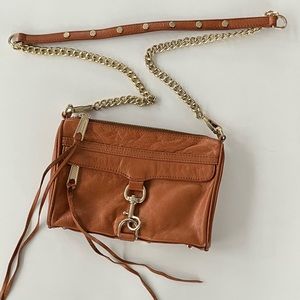 REBECCA MINKOFF cognac brown Leather Chain-Link Crossbody Bag